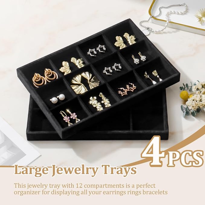 Large Stackable Jewelry Tray 4 Pack Velvet Jewelry Display Drawer Inserts Trays Organizer for Earring Bracelet Necklace Ring (Black, 12 Grids)