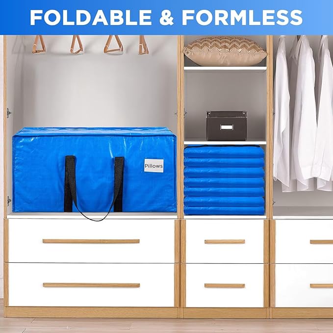 BETU Extra Large Moving Bags Heavy Duty Storage Bags with Zipper Handles, 12 Pack Clothes Storage Totes Bins Packing Moving Boxes, Moving Supplies for College Dorm Essentials, Space Saving, Blue