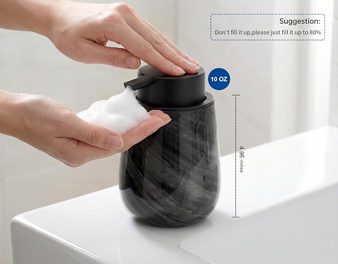 Marble Glass Foaming Hand Soap/Lotion Pump Dispenser, Refillable for Kitchen and Bathroom Countertop (Black)