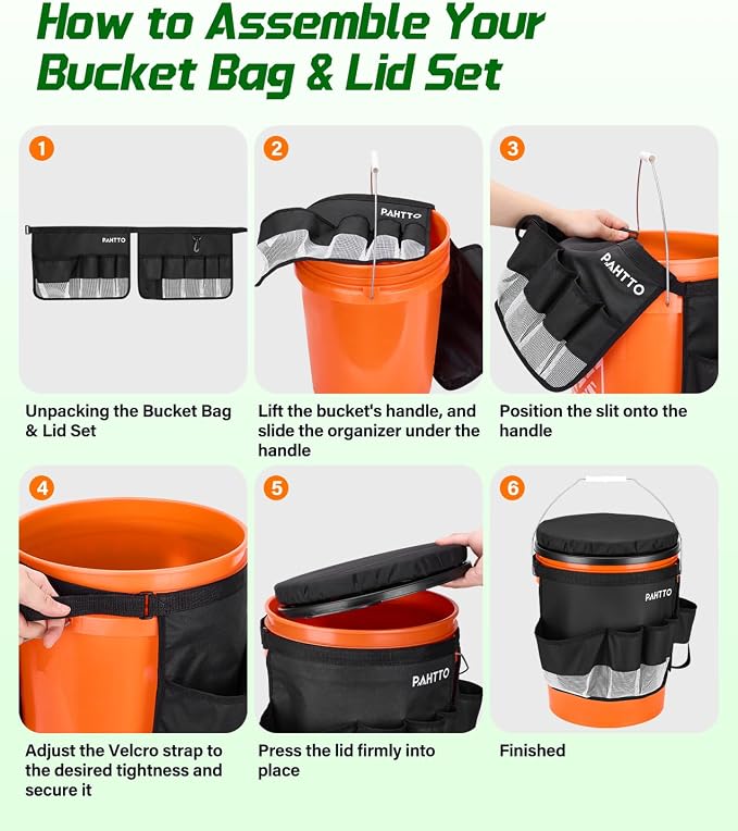 PAHTTO 5 Gallon Bucket Seat,Tool Organizer Bag & Bucket Seat Lid | Silent 360° Swivel Bucket Chair, for Camping, Fishing, Gardening, Yard Work, Hunting(Bucket and Tools Not Included)
