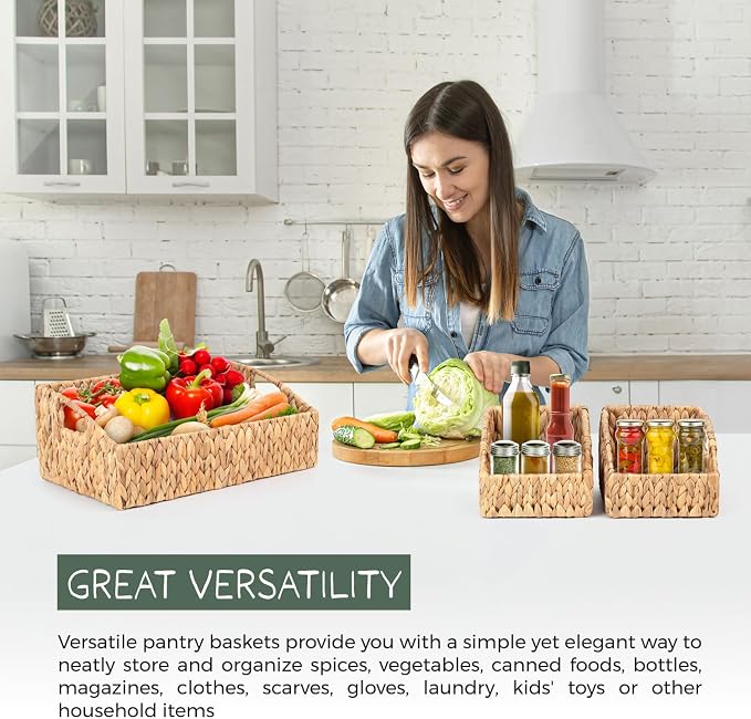 Set of 3 Handwoven Storage Baskets – Decorative Natural Wicker Organizer Bins with Built-in Handles for Bathroom, Kitchen, Pantry, Nursery, Closet, Laundry, Living Room, and Home Use