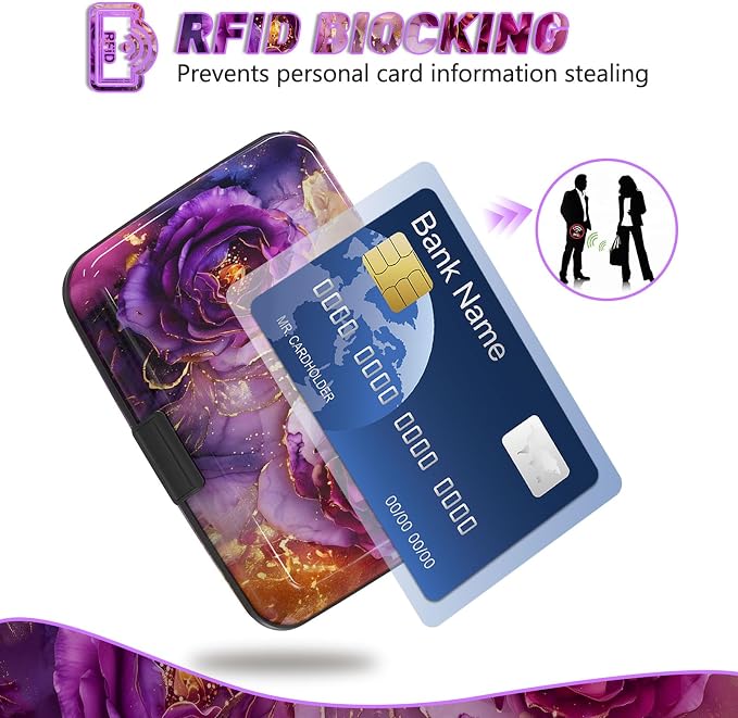 Credit Card Holder, Business Card Case Mini RFID Small Aluminum Card Wallet | Blocking Slim Metal RFID Blocking Front Pocket Wallet Hard Case Durable CC Holder for Women Girl, Purple Marble Flower