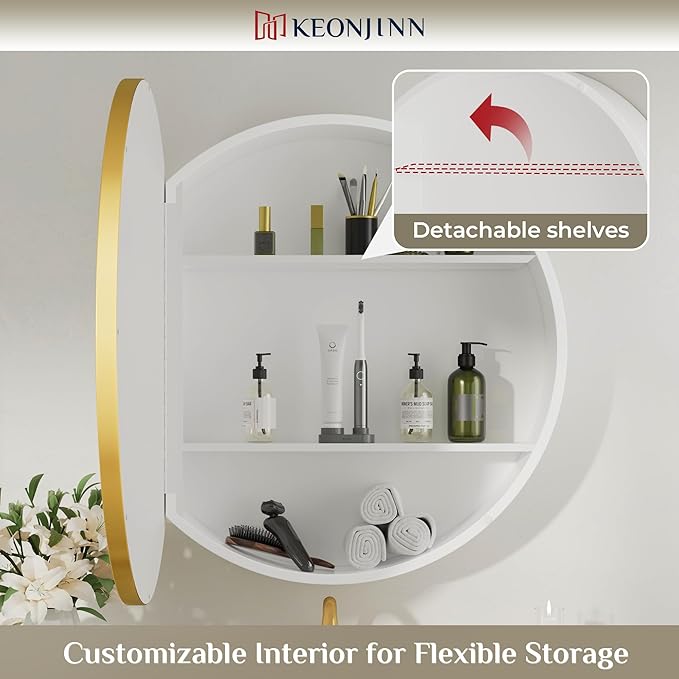 Keonjinn 26 x 26 Round Medicine Cabinets for Bathroom, Gold Surface Mount Metal Framed Medicine Cabinet with Mirror, Modern Medicine Cabinet Wall Mount Only, Farmhouse Mirrored Cabinet with Storage