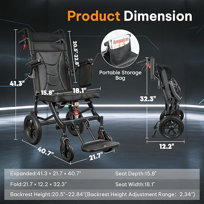18" Widened Seat Wheelchairs for Adults,Transport Wheelchair Lightweight Foldable, Adjustable Backrest,1s Quick Folding, Two-Stage Braking, Portable Wheelchair for Travel, Hospital & Home Use(Black)