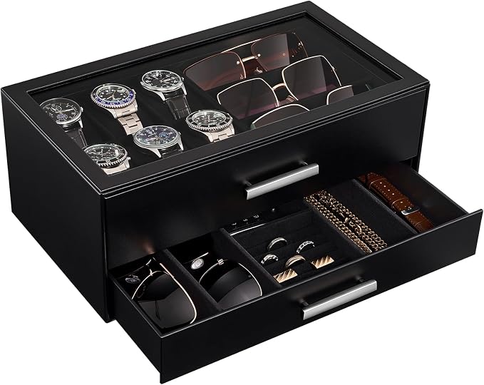 ProCase Watch Case, Mens Jewelry Box for 6 Watch & 5 Sunglasses -Black | Pull-Out Drawer 2-Tier Leather Watch Organizer with Glass Display Top, fit Watches Size Up to 50 mm, Gift for Men & Women
