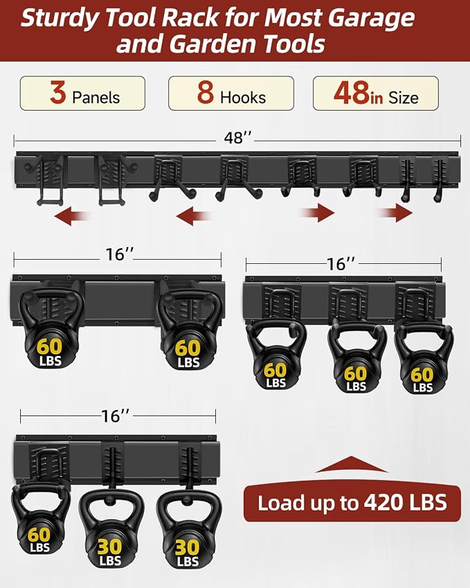 Garage Tool Organizer Wall Mount, 48in Tool Rack, 420LBS Capacity | Solid Steel, 3 Panels, 8 Movable Hooks in 4 Types, Rustproof Waterproof, Soft Anti-Scratch Hooks, Garden & Lawn Tool Storage