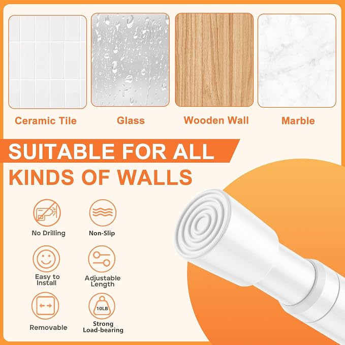 Tension Curtain Rod for Window 26 to 46 Inch Adjustable Spring Loaded Curtain Rods No Drilling Spring Tension Rods for Curtain Door Doorway Closet Kitchen Bathroom, White