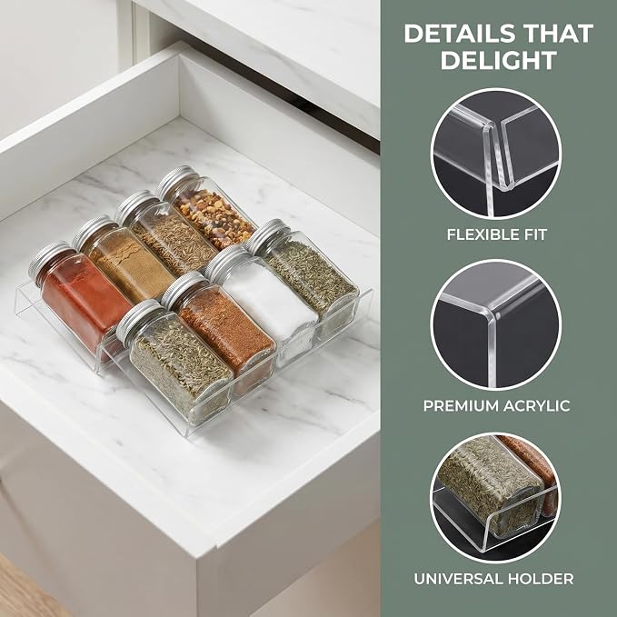 Cabilock 4 Pack Expandable Spice Drawer Organizer, Clear Acrylic 4-Tier Seasoning Rack Tray for Kitchen Drawers, Cabinets, Countertop, Pantry, Nail Polish and Small Bottles
