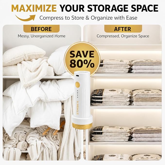 Vacuum Storage Bags with Electric Pump, Travel Vacuum Bags with USB-C Pump, Vacuum Seal Bags for Clothing Travel, Compression Sacks for Suitcase Packing, Reusable Space Saver Bags (10 Pack)