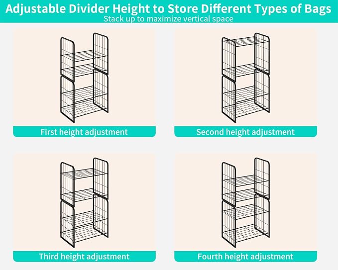 HapiRm Adjustable Purse Organizer for Closet - Purse Rack with Stackable & Separable Design, Large Capacity 4 Tier Handbag Organizer for Various of bags, Space-Saving bag rack for Home