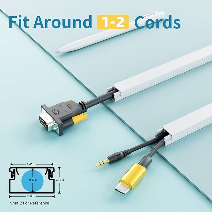 Delamu Cord Hider, 100in Self-Adhesive Cord Cover Kit for Wall Mounted TV, Paintable Wire Hider, Flexible Cable Management System, Cable Raceway Conceals 1-2 Wires, W0.59 H0.40in, White