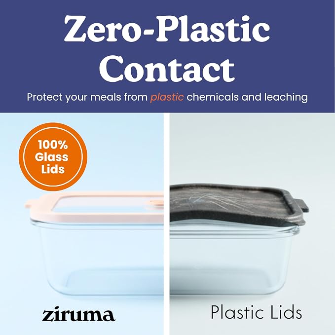 Non-Toxic Glass Food Containers with Lids, 4-Pack, 21 oz, Airtight, Beige | Plastic & BPA free. Glass body, glass lid & platinum silicone seal. Airtight & leakproof. Freezer & microwave safe.