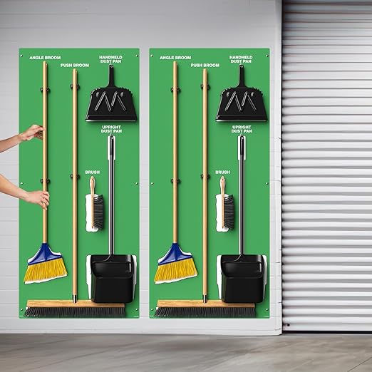 Clean & Sweep 5S Shadow Board/Wall Mount Broom Holder, 68" x 30" Board, 5S Cleaning Station - with Broom and Dustpan Set Included, Made in The USA by AccuformNMC, Green/White, PSB716GNWT