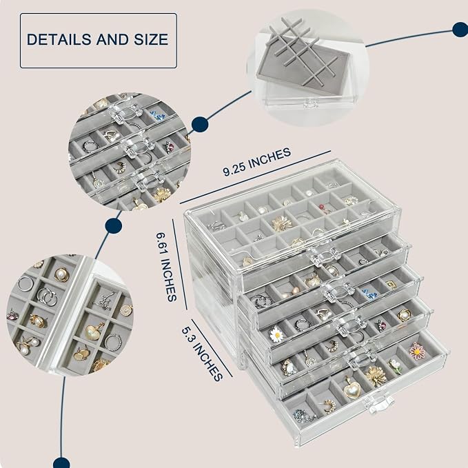 Acrylic Earring Holder Organizer with 5 Drawers Clear Earring Organizer Box with 90 Adjustable Grids Velvet Earring Display Case Jewelry Organizer for Earrings Rings Studs (Grey)