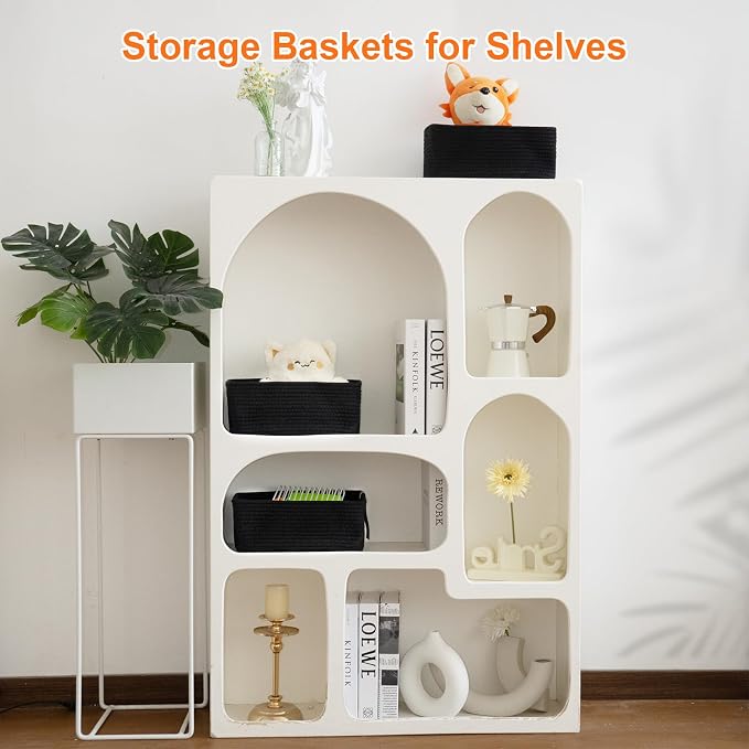 Small Storage Baskets for Organizing, Woven Storage Bins for Shelves, Gift Basket Empty, Baby Rope Basket, Dog Toy Storage, Cute Decorative Closet Organizer, 13.2x8.2x5.2”, 3Packs Black