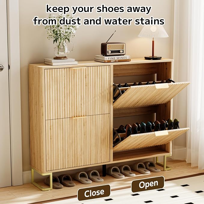 Fluted Shoe Cabinet Storage with 4 Flip Drawers, Wood Narrow Hidden Shoe Cabinet with Metal Legs & Adjustable 2 Tier Shelf for Entryway, Freestanding Slim Shoe Rack Organizer for Hallway Living Room