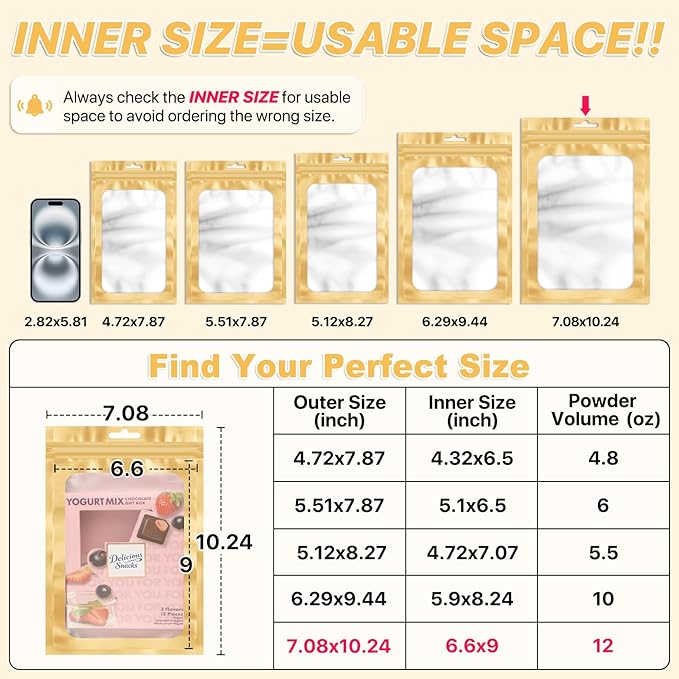 ANZNKU 100 PCS Resealable Mylar Bags with Frosted Clear Window Packaging Bags Foil Pouch Zipper Bag for Food Self Sealing Storage Supplies (7.08x10.24, Light Gold)