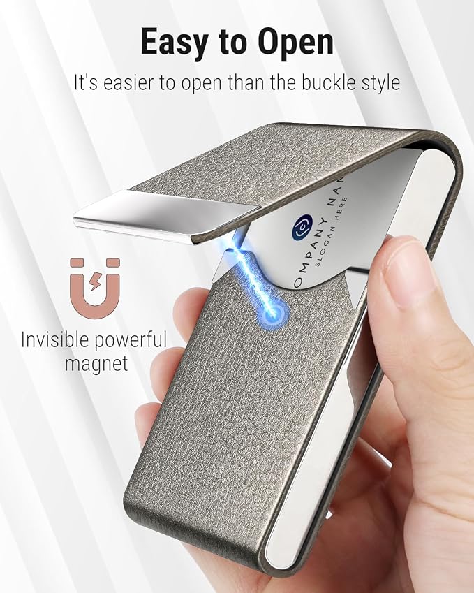 MaxGear Business Card Holder, PU Leather Business Card Case, Gray | Stainless Steel Interior, Magnetic Closure, RFID Blocking, Holds 15–25 Standard Business Cards