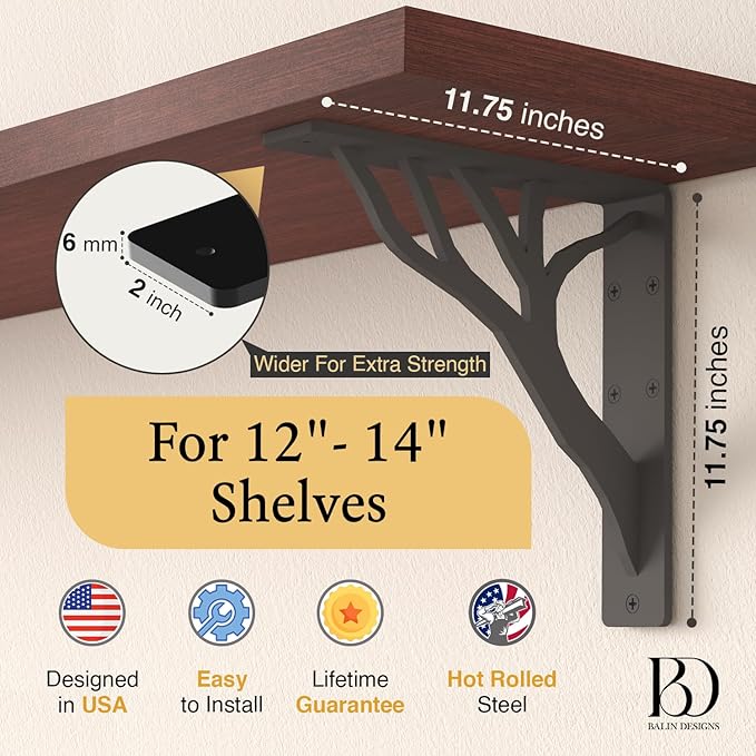 Rustic Tree Black Heavy Duty Shelf Brackets 12 inch by Balin Designs, Decorative L Brackets for Shelves, Metal Fireplace Mantel Large Shelf Bracket, Shelving Bracket, Included Hardware, Set of 2