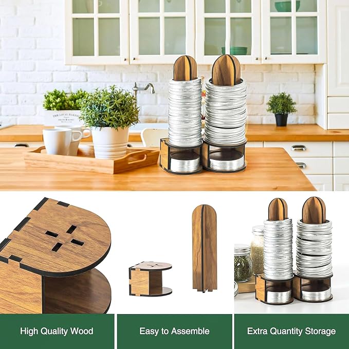 Mason Jar Lid Organizers Inside Cabinet, 2 Pack Canning Lid Rack Holder for Kitchen Organization, Wooden Mason Jar Accessory for Storing Canning/MasonJar Lids and Rings Storage, Regular&Wide Mouth