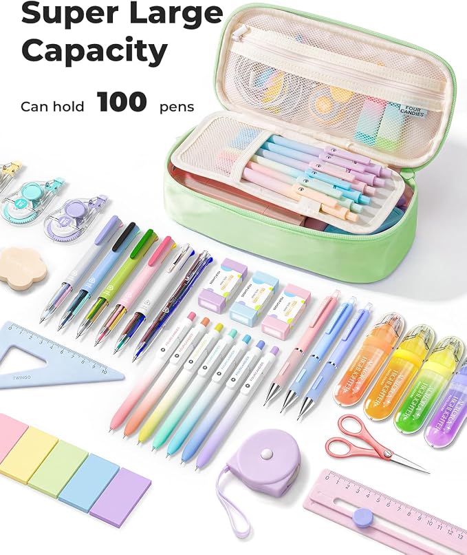 Four Candies Pencil Case, Large Capacity Pencil Pouch—Portable Marker Holder Bag for Home & Office, Soft Supply Organizer (Green)