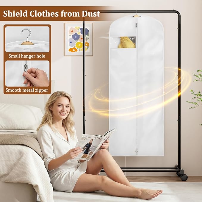 KIMBORA 65" Dress Bags for Gowns Long Garment Bags for Hanging Clothes with Clear Window, Foldable Wedding Dress Cover for Closet Storage and Travel (2 Packs, White)