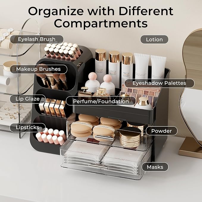UFORU Makeup Organizer for Vanity with Brush Holder, Large Capacity Bathroom Countertop Skincare Organizer with 2 Drawers, Cosmetic Display Case for Perfumes, Eyeshadow Palettes, Nail Polishes