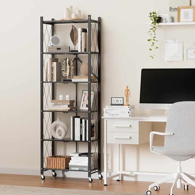 ALANNG 73.6 Inch Folding Bookshelf, 6 Tier Metal Bookcase and Bookshelves | Tall Shelves for Living Room Office Bedroom, Heavy Duty Book Shelve Free Standing Open (Black, 3PACK)