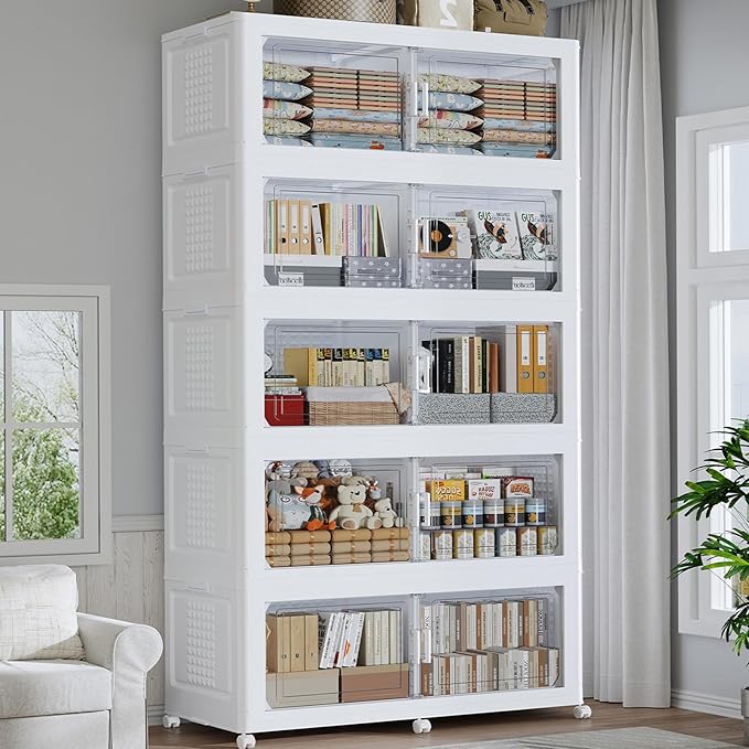 250GAL Storage Bins with Lid and Wheels, Stackable Closet Organizers and Storage Drawer, Collapsible Storage Box with Dividers, Foldable Plastic Cabinets for Room, Kitchen, 5 Pack White