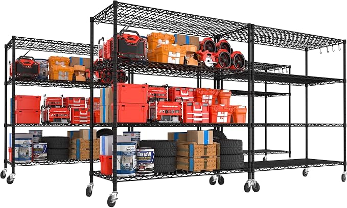 PrimeZone 5 Packs 55.5" W x 24" D x 80" H Heavy Duty Wire Storage Shelves with Wheels, 4 Tier Adjustable NSF Commercial Garage Shelving Unit, Rolling Metal Organizer Shelf Rack for Warehouse, Pantry