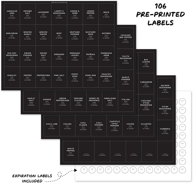 230 Black Spice Labels by ThreeKin | Waterproof & Oil-Resistant Pre-Printed Stickers for Spice Jars | Durable, BPA-Free Seasoning Labels | Easy-Clean, No-Residue Design | Proudly Female & USA Owned