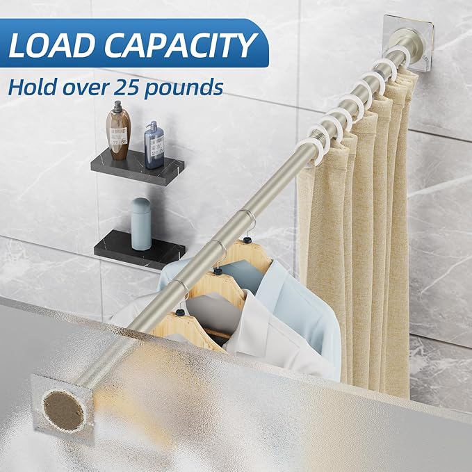 CorkLatta Nickel Shower Curtain Rod,1 Inch Diameter Stainless Steel Adjustable Spring Tension Rods 32 to 68",with Holders,Anti-Slip,Curtain Rods No Drilling(1 Pack)