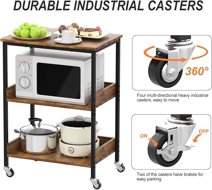 ASTARTH 3-Tier Rolling Kitchen Microwave Cart | Microwave Stand with Wheels, Small Kitchen Storage Island, Living Room Coffee Bar Cart, Rustic Brown