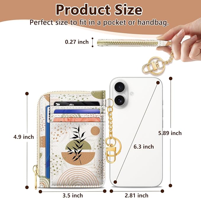 GIANCOMICS Slim Wallet Credit Card Holder Women, Abstract Leaf Rfid Blocking Small Card Case, Keychain Thin Pocket Curved Zipper Wallet, Travel Card Holder PU Leather ID Window, Ladies Female Gifts