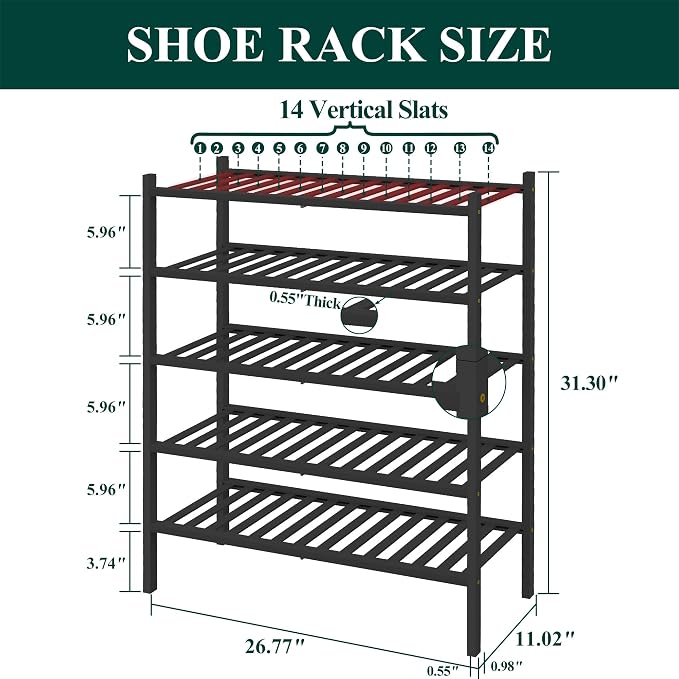 Smiry Bamboo Shoe Rack for Closet, 5 Tier Wooden Shoe Organizer, Stackable Wood Shoe Storage Shelf for Entryway, 14 Vertical Slats, 2+3 Stack Heavy-Duty Legs, 26.77"x11.02"x31.3", Black