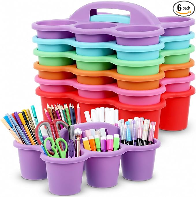 Plastic Caddy with Handle Set of 6 Classroom Caddy Organizer Cup Caddies Water Bottle Storage Crayon Caddies Plastic Cup Holder Drink Carrier for School Home Office Supplies (Rainbow)