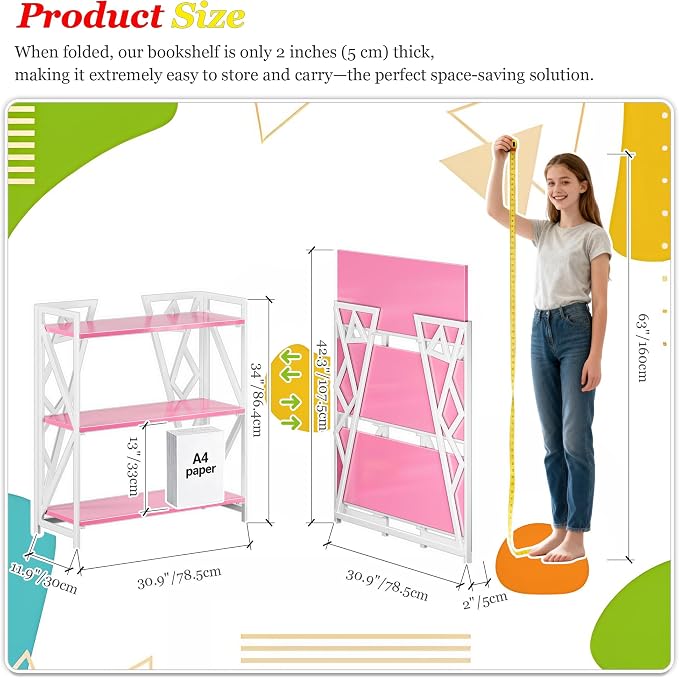 UDD No Assembly Wide Folding Bookshelf, 34" H x 30.9" W, 3 Tier Foldable Book Shelf Industrial Bookcase, Vintage Collapsible Storage Shelves for Home Office Living Room Bedroom, Pink White