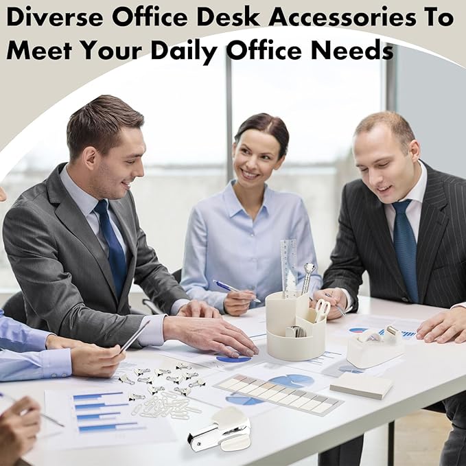 Marspark Beige Office Desk Accessories 12 Pcs Office Supplies Set 360° Rotating Pen Holder, Stapler, Tape Dispenser, Scissor, Sticky Notes, Binder Clips, Desk Organizers Gift for School