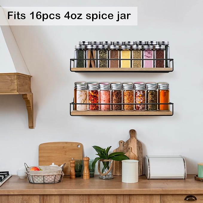 TJ.MOREE 2 Pack Spice Rack Wall Mount Rustic Style Hanging Spice Organizer for Wall, Kitchen Spice Storage,Black