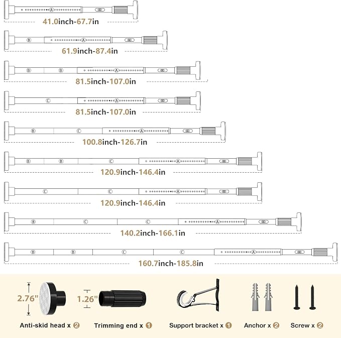 Black Tension Curtain Rod 41-185In(4-15Ft), Extra Long Outdoor Curtain Rod No Drilling for Window or Patio, Shower Curtain Rod for Bathroom,Rod Diameter 1.26In-One-bond stretching