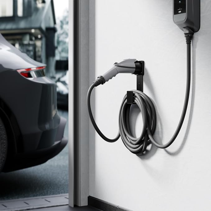 EV Charger Holder-J1772 Connector, Nozzle Holster Dock and J-Hook Combination, EV Cable Holder Wall-Mount Electric Vehicle Charger.
