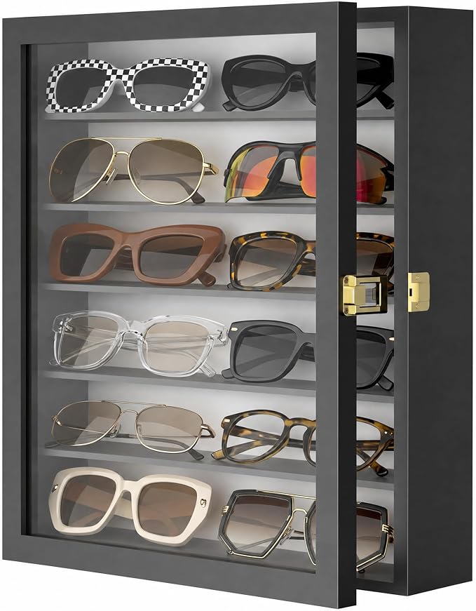 TJ.MOREE Sunglass Organizer Wall Mounted Glasses Holder Display Case 6 Tier | 13 x 15.6 inches Wooden Storage Box for Multiple Pairs Eyeglasses Sports Sunglasses