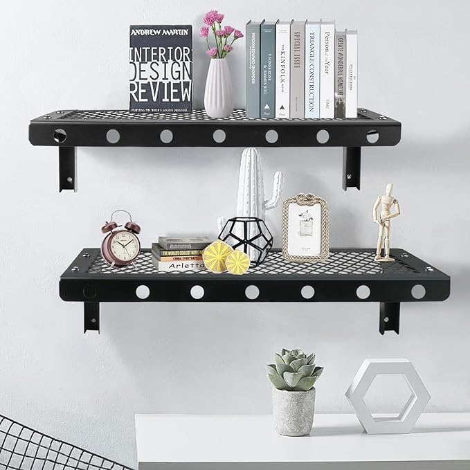 Floating Wall Shelves Set of 2, Black Floating Shelves,Wall-Mounted Bookshelf,Mesh Panel, Used in Living Room, Kitchen, Bathroom, Garage,Folding with Hooks.