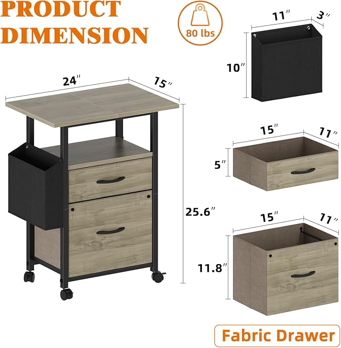 GYIIYUO 2 Drawer File Cabinet with 24'' Extended Desktop, Mobile | Rolling Filing Cabinet, Side Bag, Fits A4/Letter Size, Rolling Printer Stand, Home Office, Fabric Drawer, Oak Grey