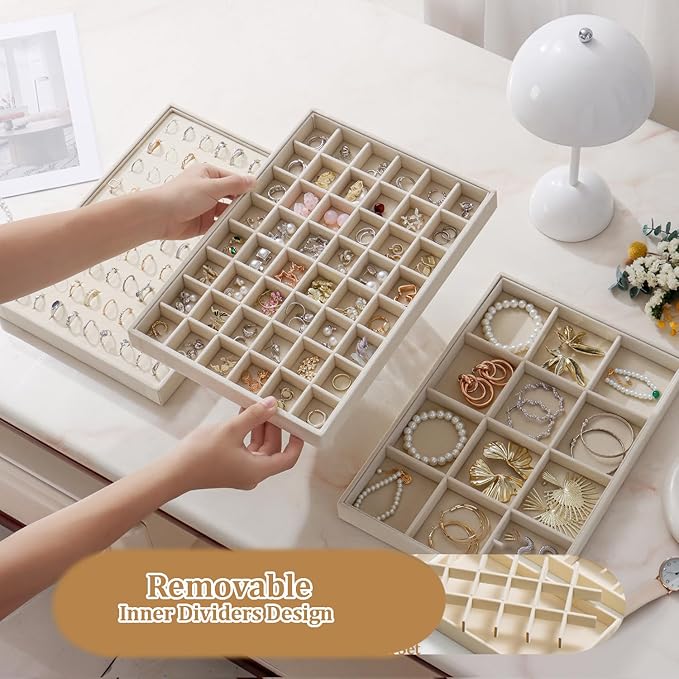 Large Stackable Jewelry Tray 4 Pack Velvet Jewelry Display Drawer Inserts Trays Organizer for Earring Bracelet Necklace Ring (Beige, 48 Grids)