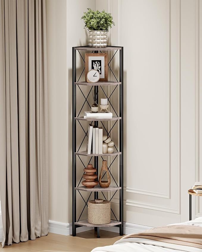 CHOEZON 6-Tier Corner Shelf, Corner Bookcase, 66.9" Tall Vertical Display Rack, Plant Stand, Open Storage Shelf, for Living Room, Bedroom, Study, Kitchen, Greige and Black TCJ13BG