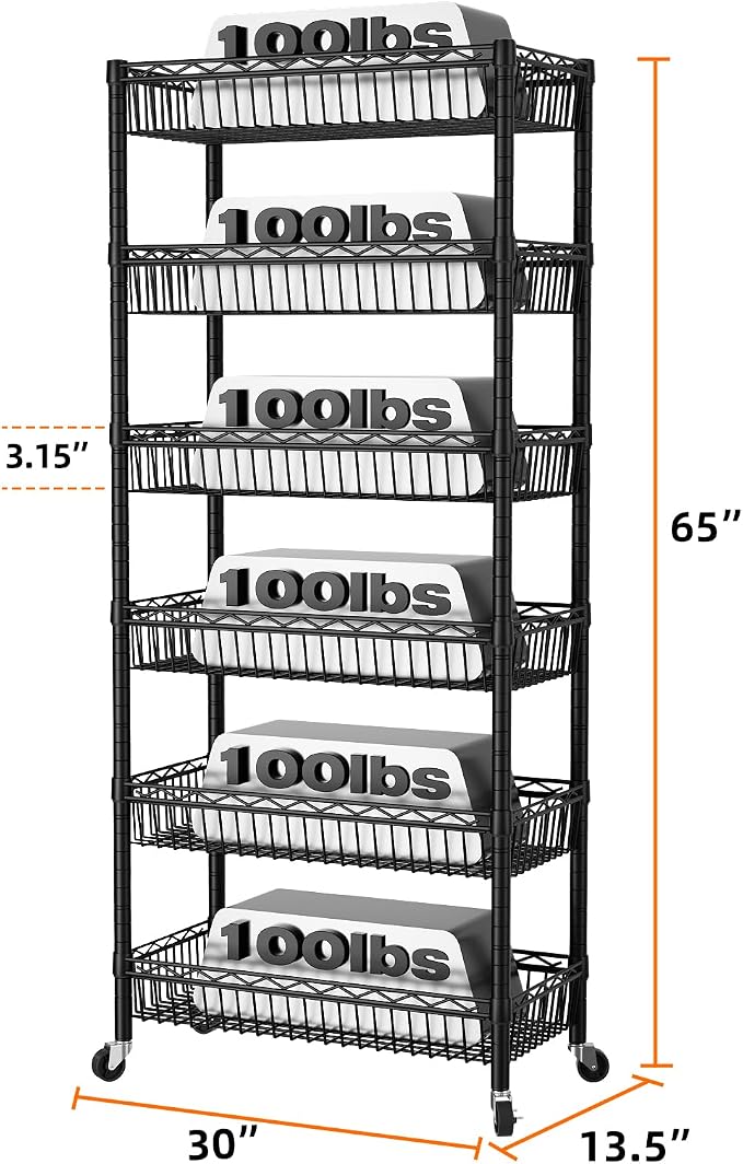 SINGAYE 6 Tier Shelf Wire Shelving Adjustable Storage Shelves Basket Rack | Adjustable Shelves with Wheels Metal Storage Unit Closet Bathroom Organizers Pantry Kitchen Garage Laundry Room Black