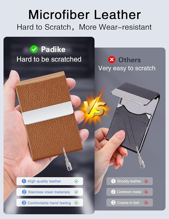 Padike Leather Business Card Holder Metal Business Card Case Slim Professional Name Card Holder with Magnetic Shut (Apricot)