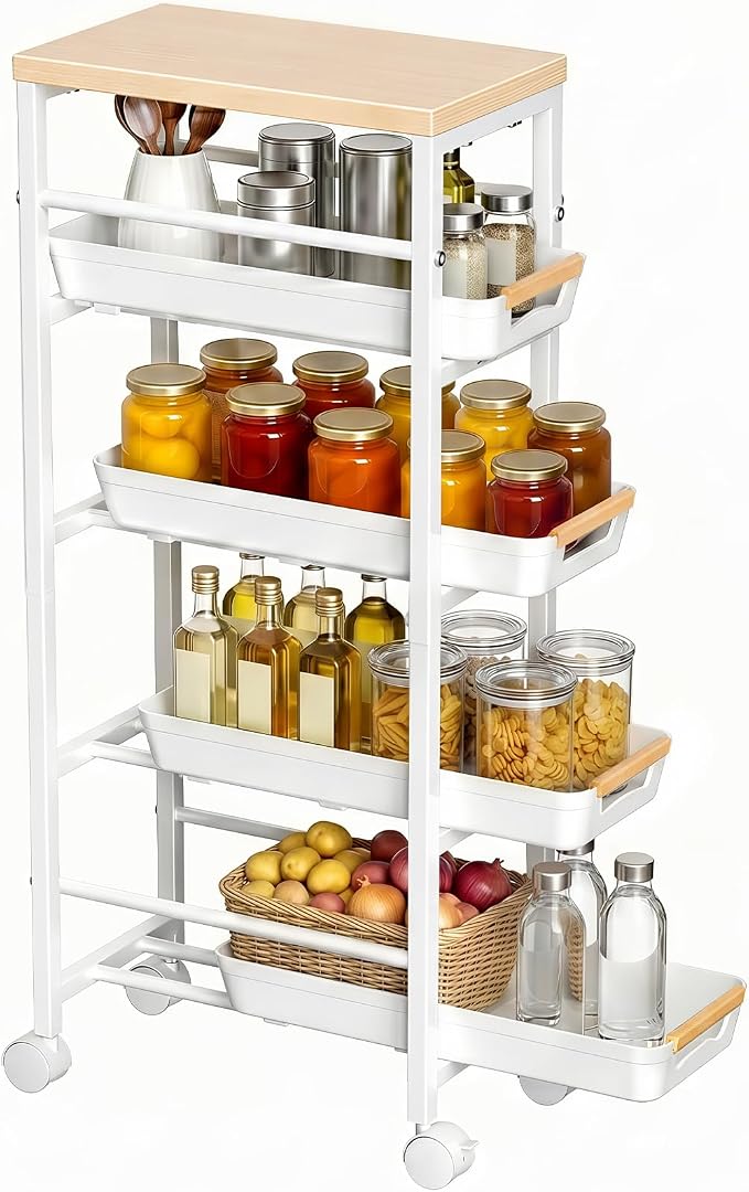Pipishell Slim Rolling Storage Cart with Drawers & Lockable Wheels, 5 Tier Kitchen Cart with Safety Stops & Vented Design, Wood Top, Pull-Out Utility Cart for Kitchen, Bathroom, Laundry Room, White