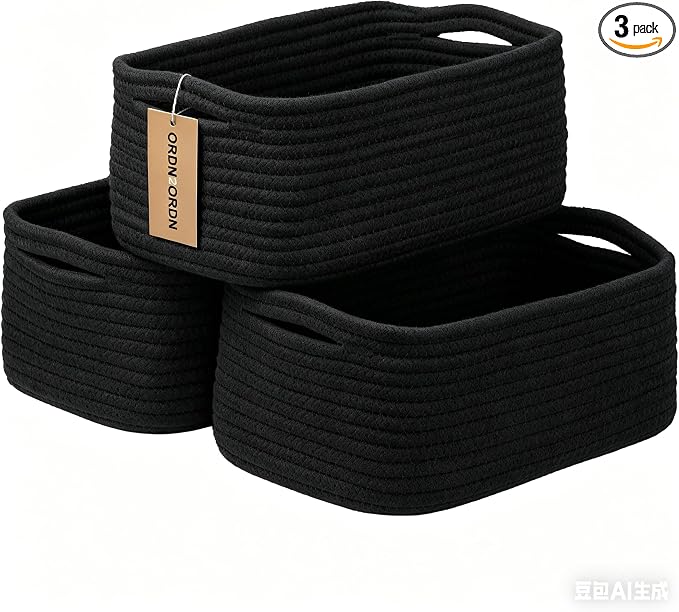 Small Storage Baskets for Organizing, Woven Storage Bins for Shelves, Gift Basket Empty, Baby Rope Basket, Dog Toy Storage, Cute Decorative Closet Organizer, 13.2x8.2x5.2”, 3Packs Black
